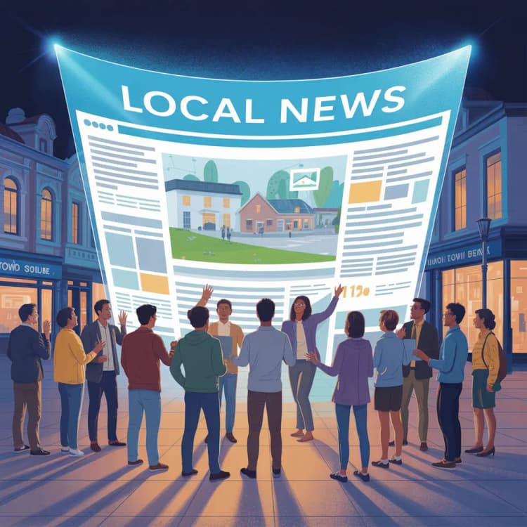 Illustration showing residents reading and discussing local news.