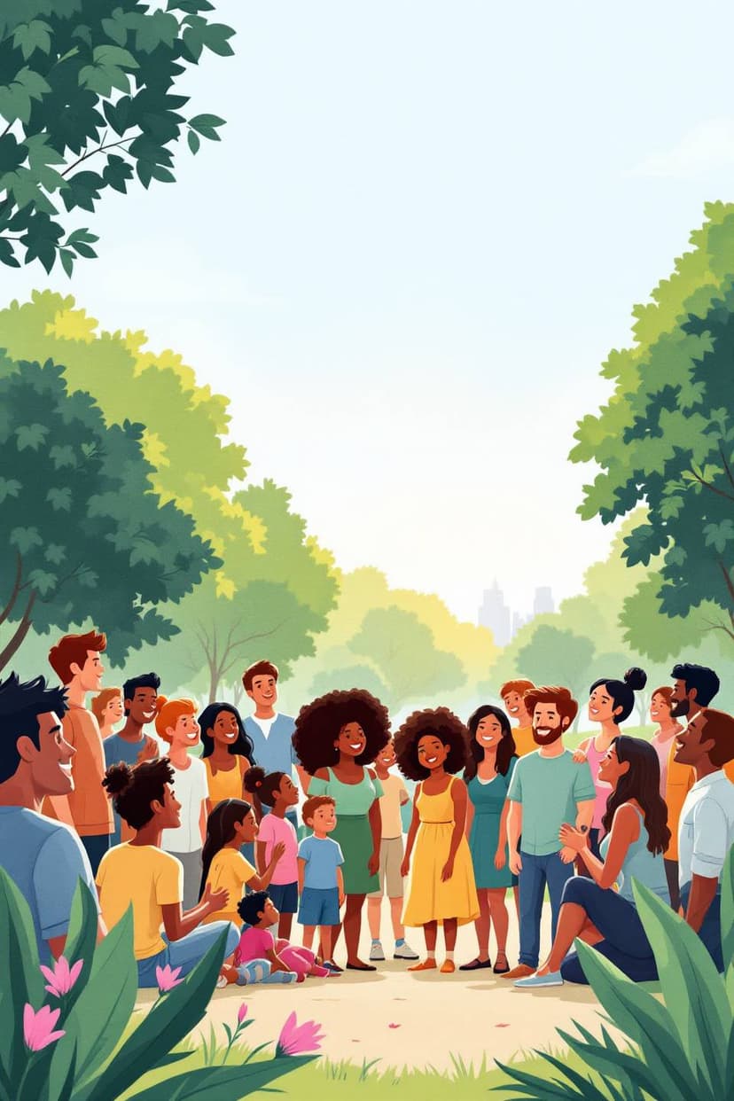 Illustration representing civic engagement: diverse people collaborating, voting, and participating in community activities.